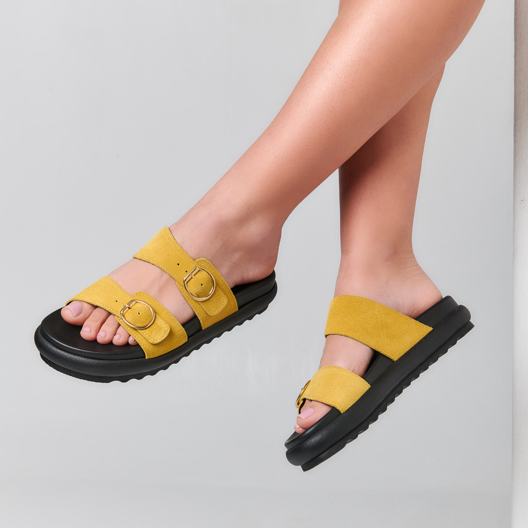 Olina Limone Suede - Flatform Ανατομικά Πέδιλα